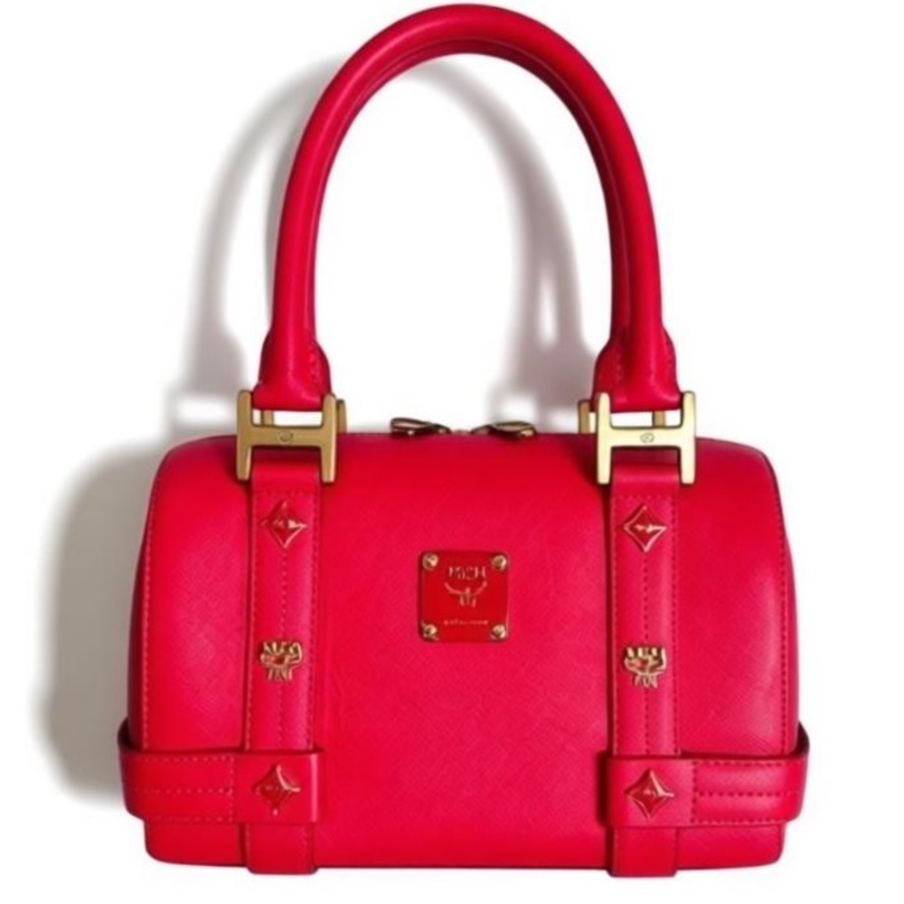 MCM Bright Red Leather Satchel with Gold Hardware